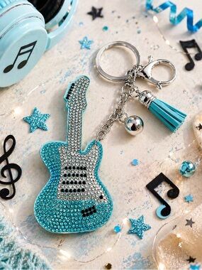 Turquoise Rhinestone Guitar Keychain with Tassel